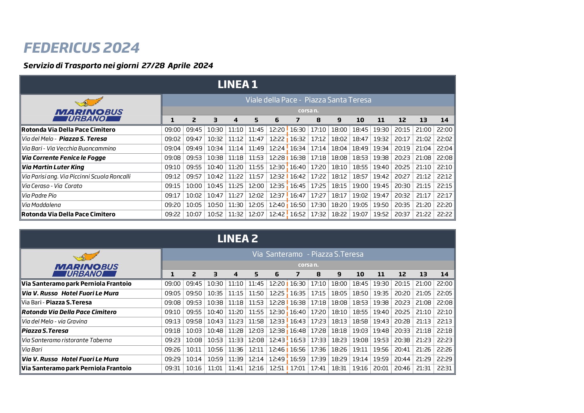 Tabella Orari Federicus 2024